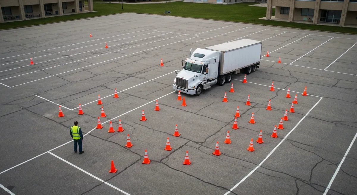 A student driver navigates a semi-truck through a cone course during a CDL training course.