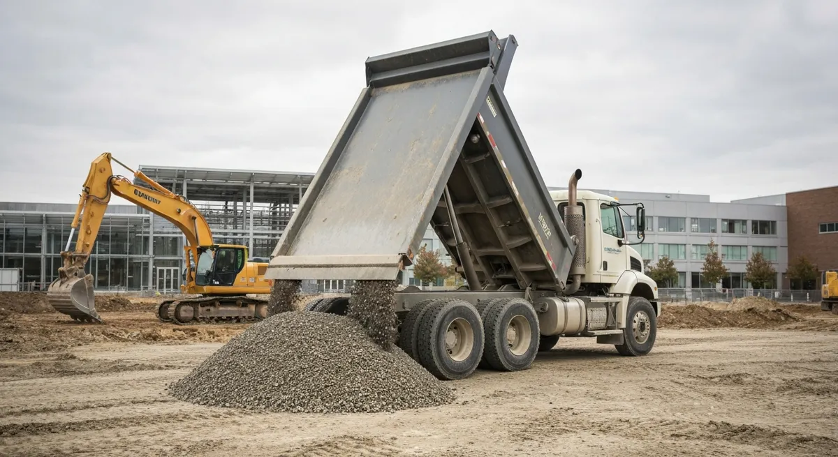 A dump truck, a vehicle requiring a Class B CDL, unloads gravel at a construction site.