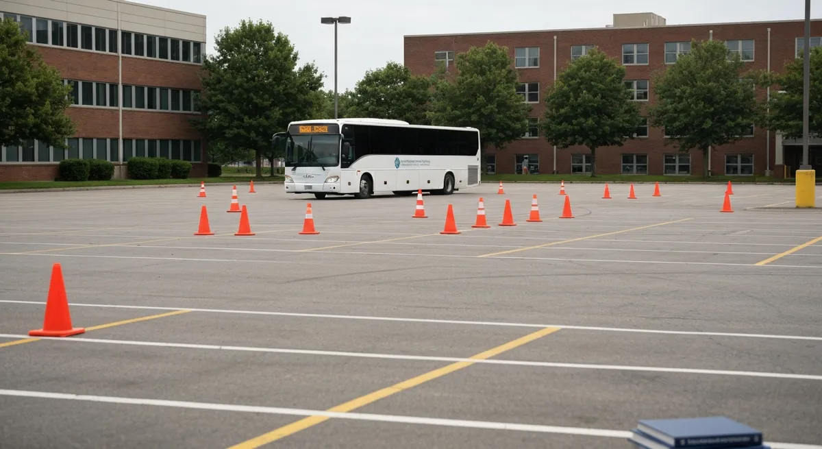 A student practices maneuvering a large bus as part of their Class B CDL training.