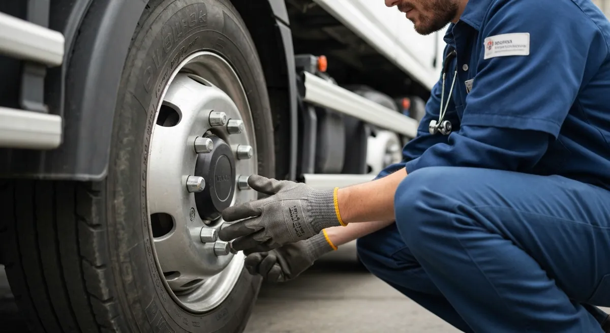 A person conducting a pre-trip inspection on a commercial truck's tire, a key skill for any new truck driver.