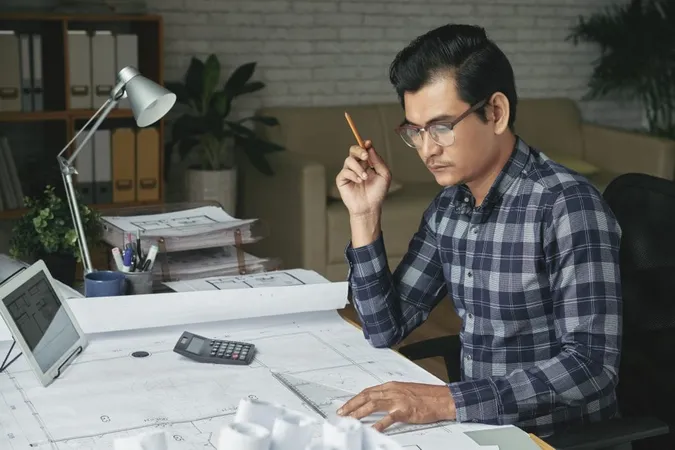 Asian Man Drawing Blueprint His Cozy Office X - Construction Estimator Certification study guide