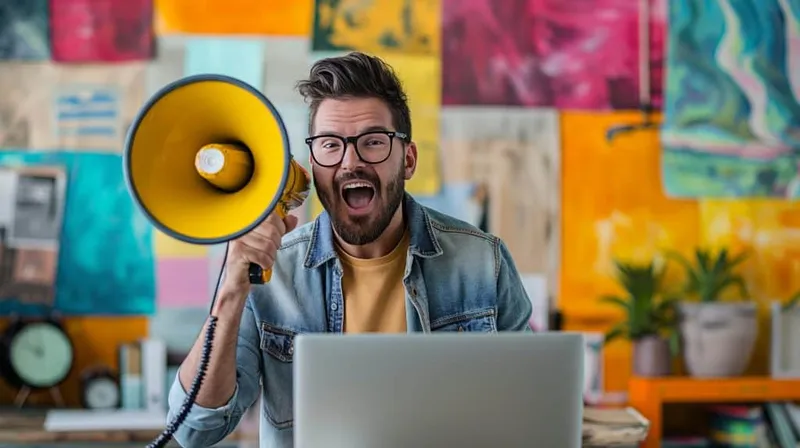 Energetic Man With Megaphone Making Announcement Colorful Creative Office Concept Communication Marketing Workplace Enthusiasm X - Certified Advertising Specialist study guide