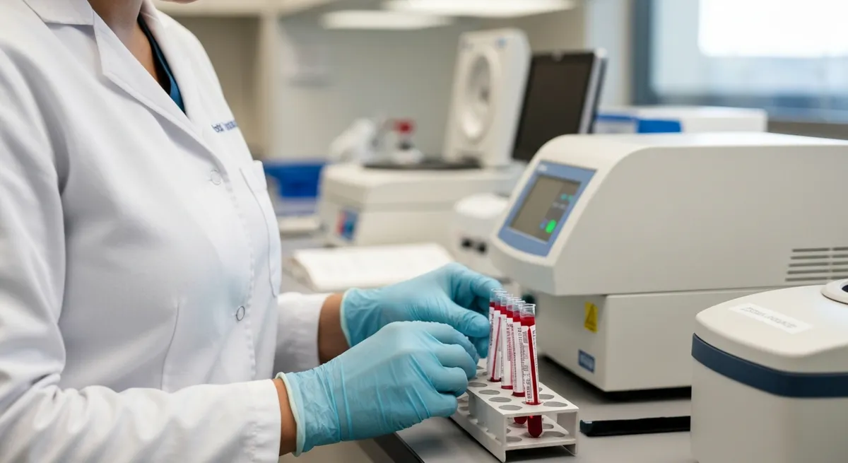 A certified phlebotomy technician in a lab carefully places blood sample tubes into a centrifuge, a common duty after meeting certification requirements.