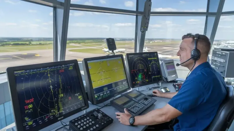 Man Sitting Desk With Three Monitors One Them Has Blue Shirt 1 X - Certified Flight Communicator study guide