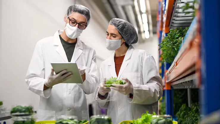 Front View Workers With Face Mask Using Tablet Quadraphonic Farm - Certified Food Protection Manager study guide