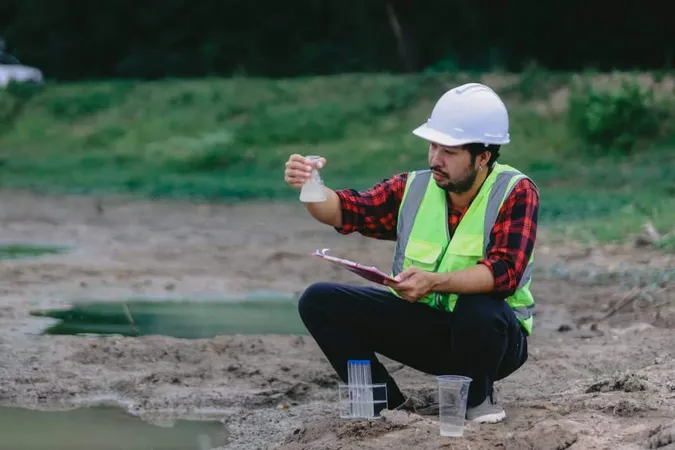 Man Red Shirt Green Vest Is Kneeling Down Looking Body Water X - Certified Floodplain Surveyor study guide