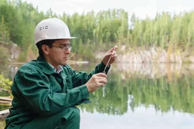 Industrial Ecologist Chemist Takes Sample Water From Lake Site Flooded Quarry X - Certified Hydrographer study guide