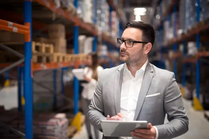 Onlinejsonformatter. Portrait Successful Businessman Manager Ceo Holding Tablet Walking Through Warehouse Storage Area Looking Towards Shelves Large - Certified Logistics Professional study guide