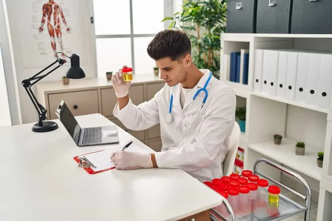 Young Hispanic Man Wearing Doctor Uniform Analysing Urine Test Tube Clinic X - Clinical Lipid Specialist Certification study guide
