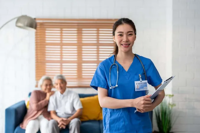 Portrait Asian Beautiful Caregiver Take Care Senior Couple House Attractive Specialist Carer Women Support Elderly Older Mature Grandparent Nursing Home Care Smiling Looking Camer X - Certified Medical Aide study guide