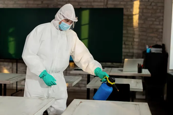 Man Hazmat Suit Disinfecting Classroom Due Coronavirus Pandemic - Certified Mold Assessor study guide