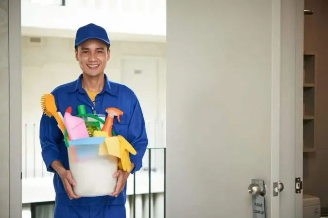 Cheerful Asian Male Janitor Walking Into Hotel Room Carrying Supplies Bucket X - Certified Custodial Technician study guide