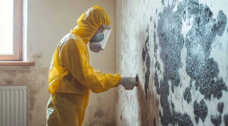 Professional Protective Gear Is Cleaning Black Mold From Wall Apartment X - Certified Mold Inspector study guide