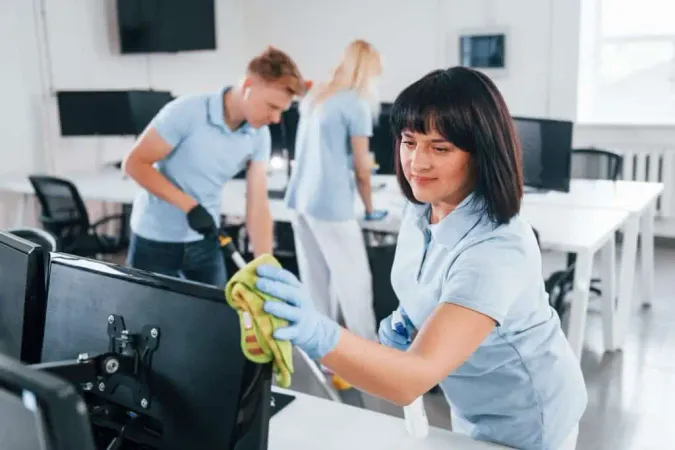 Cleans Monitor Group Workers Clean Modern Office Together Daytime X - Cleaning Management Institute Certification study guide