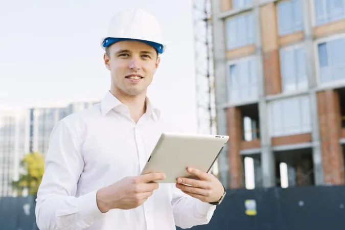 Front View Smiley Man With Tablet Helmet X - Certified Building Maintenance Manager study guide