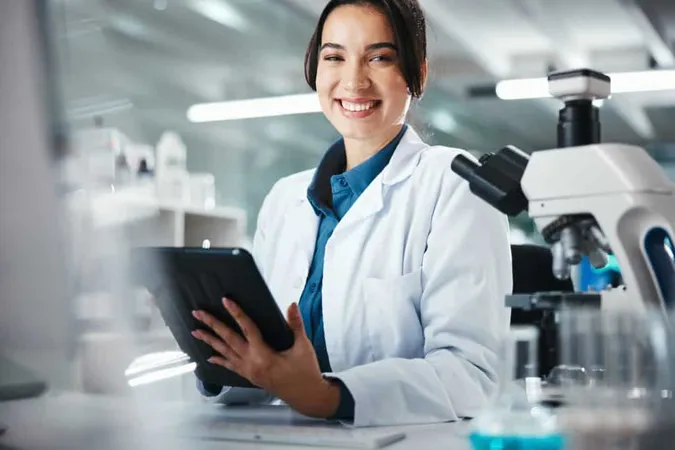 Woman Scientist Portrait With Tablet Lab Microscope Research Medical Data Science Information Smile Researcher Digital Study Feedback Vaccine Solution Biotechnology X - Certified Medical Technologist study guide