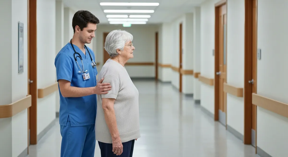 Accelerated CNA program student assisting elderly patient during clinical training