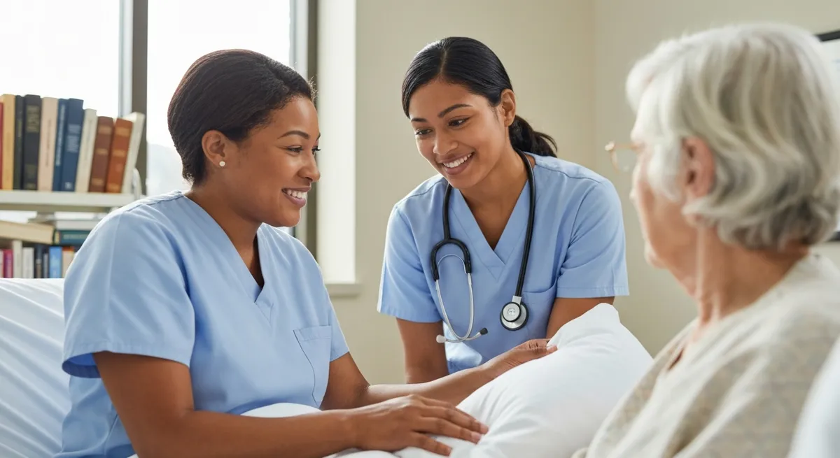 A certified nursing assistant smiles while gently adjusting a pillow for an elderly patient resting in a comfortable bed.