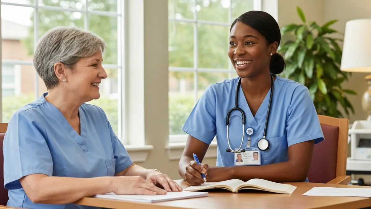 CNA student practicing vital signs measurement during skills training