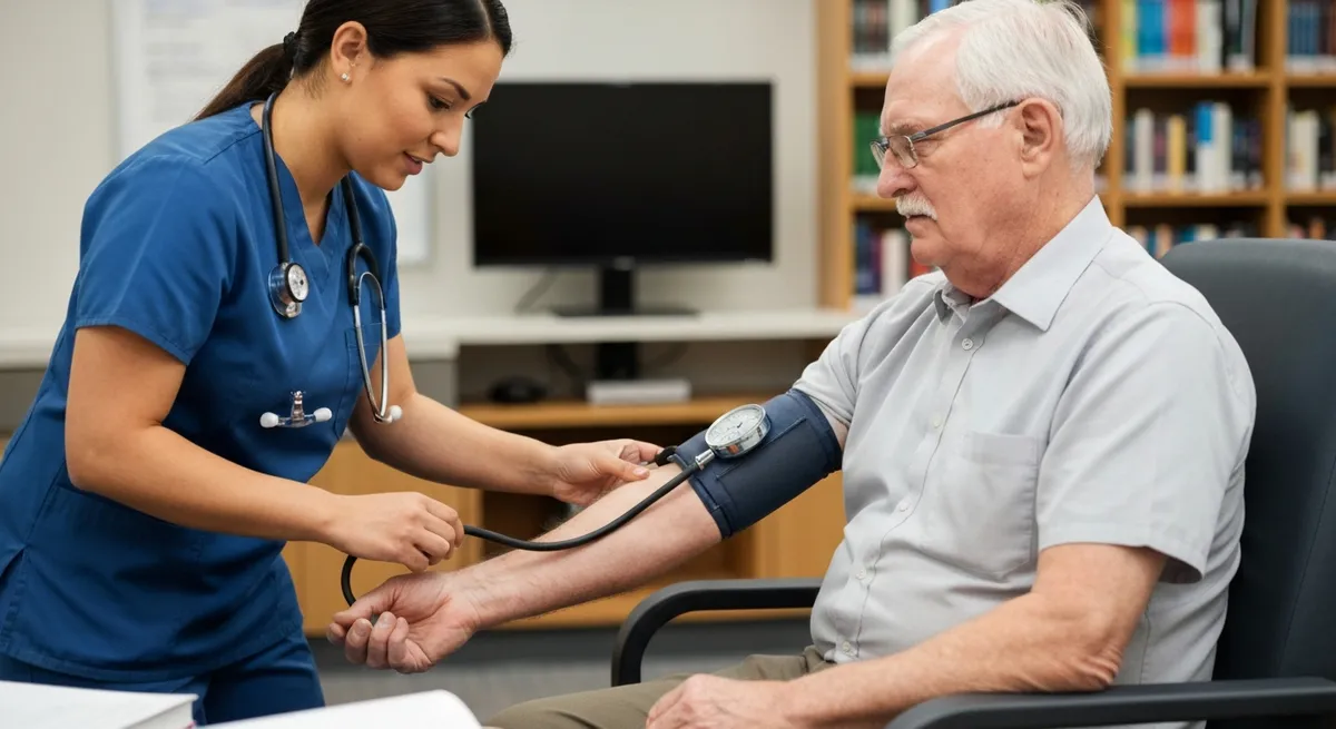 A key duty of a CNA is checking patient vitals, as shown by this nursing assistant taking a man's blood pressure.