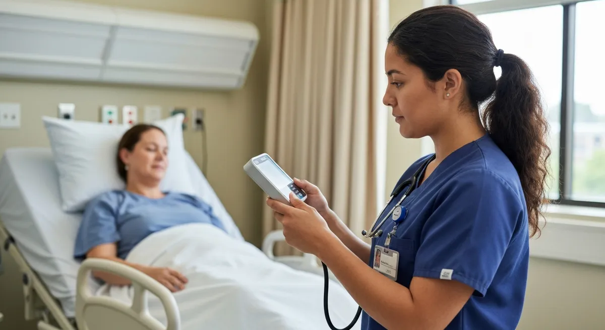 An LPN carefully checks a patient's vitals using a digital monitor, a key responsibility learned in cna to lpn programs.