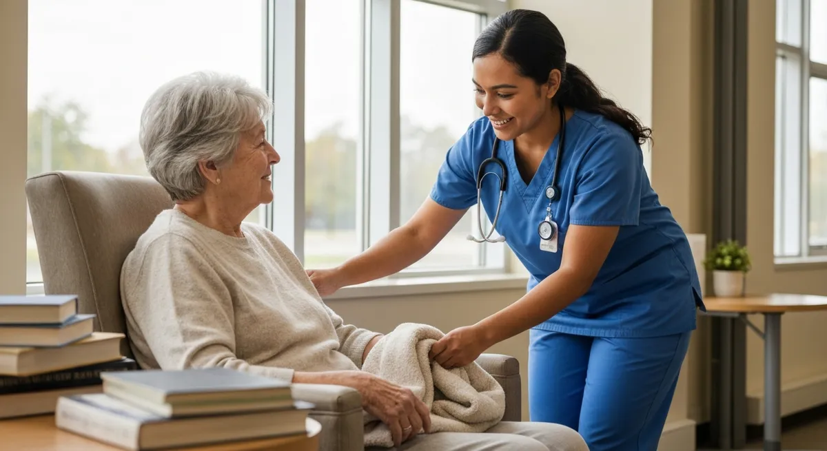A compassionate CNA assists an elderly patient with a blanket in a comfortable room, showing the foundational skills for a cna to lpn career.