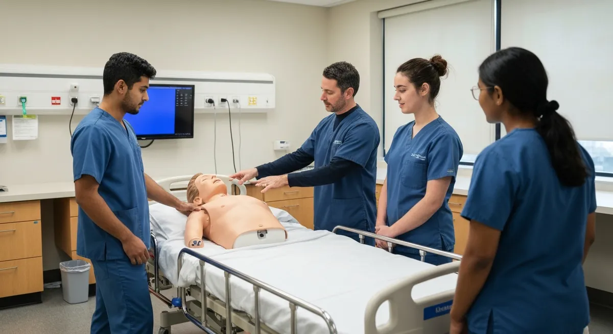 A diverse group of students in a CNA training class practice hands-on skills in a clinical lab setting.