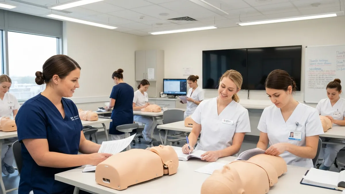 Newly certified CNA in scrubs reviewing state exam results on a laptop — completing free CNA training and passing the state competency test