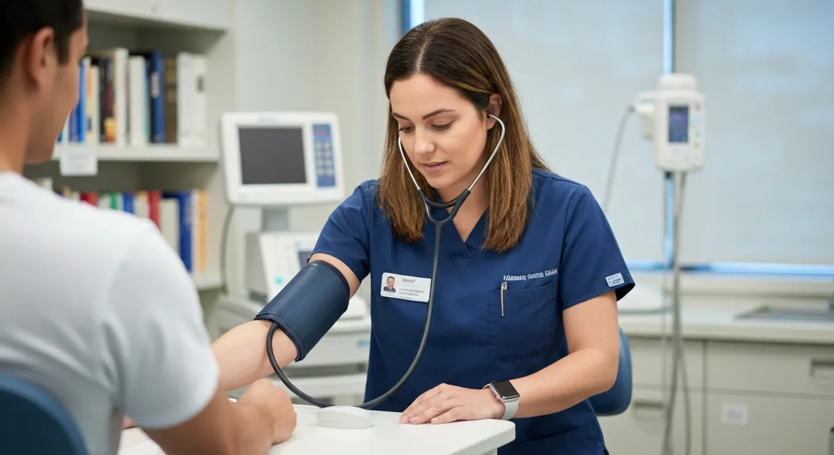 A medical assistant in a clinic setting carefully takes a patient's blood pressure using a cuff and stethoscope.