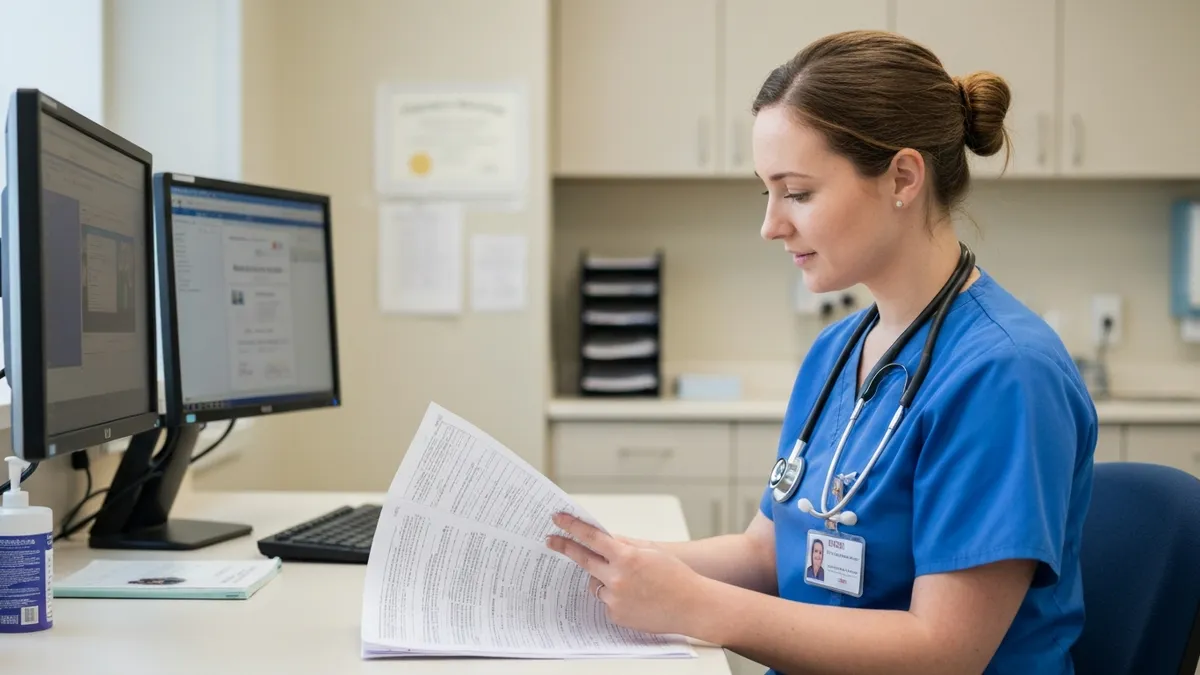CNA completing PointClickCare point of care charting on a wall-mounted tablet outside a resident room in a long-term care facility