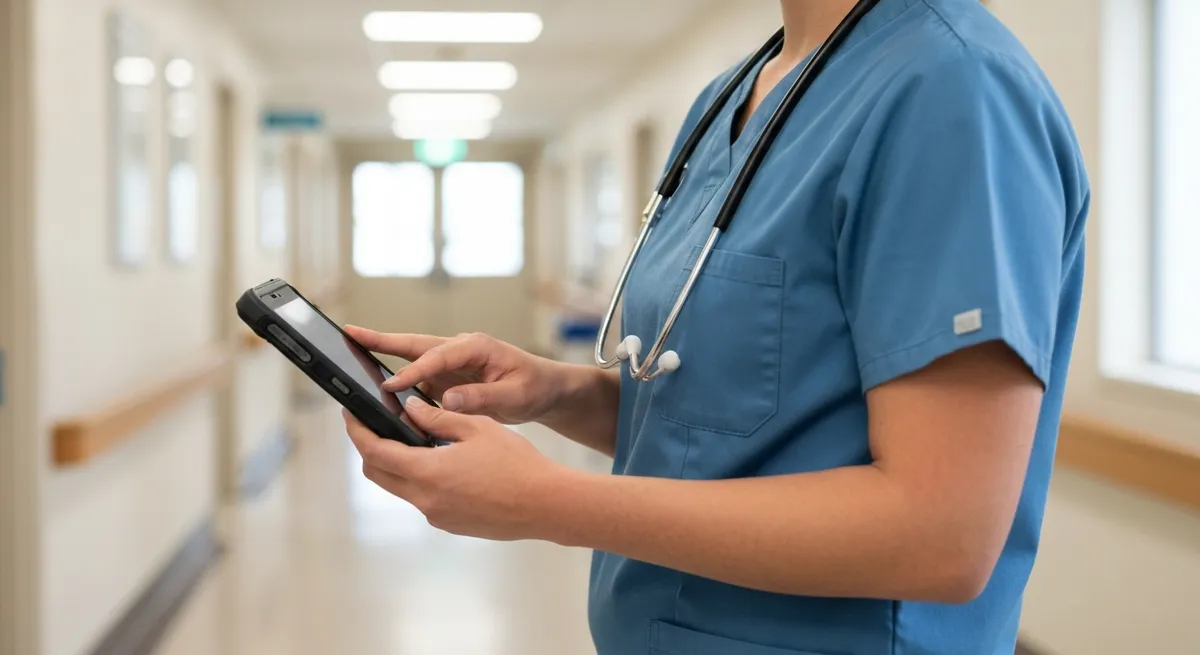A CNA stands in a hallway of a long-term care facility, efficiently documenting patient care on a mobile device, a key feature of PointClickCare CNA.