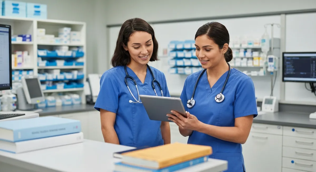A CNA and a registered nurse collaborate at a nurse's station, looking at a shared tablet computer, demonstrating the teamwork facilitated by PointClickCare CNA.