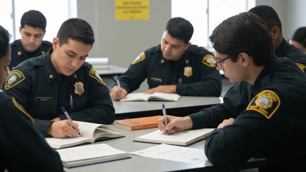 Correctional officer trainees at a classroom training session at a law enforcement academy