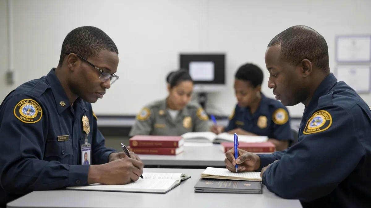 Two correctional officers conducting a cell block inspection during a routine walkthrough