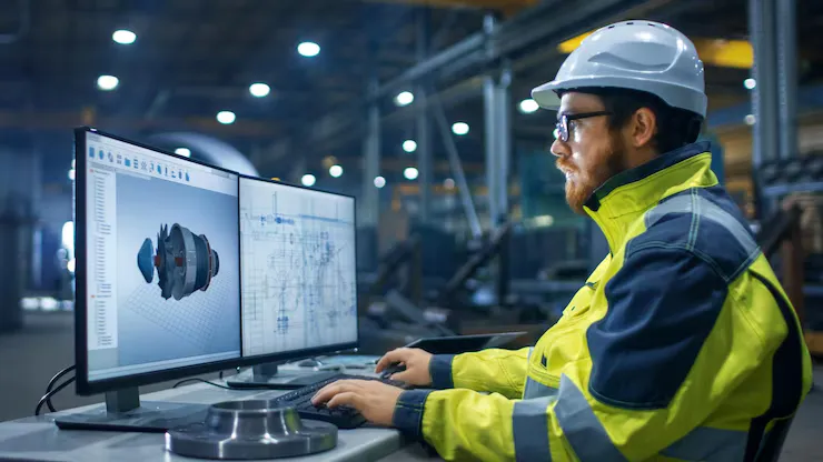 Man Hard Hat Sits Computer With Large Piece Construction Equipment Screen - Certified Professional CFD Engineer study guide