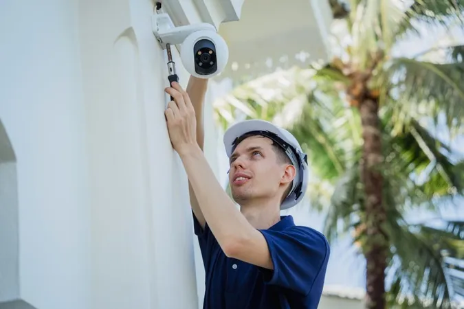 Technician Installs Cctv Camera Facade Residential Building X - Certified Professional Installer study guide