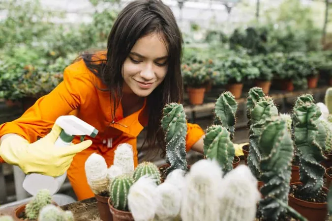 Young Woman Spraying Water Cactus Plants X - Certified Plant Manager study guide
