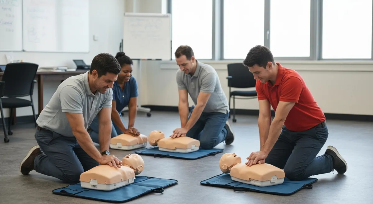 A diverse group of people in a CPR certification renewal class practice their skills on various manikins.