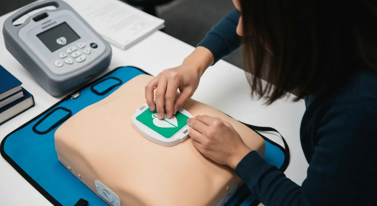 A close-up of hands applying AED trainer pads to a manikin, a crucial skill for CPR recertification.