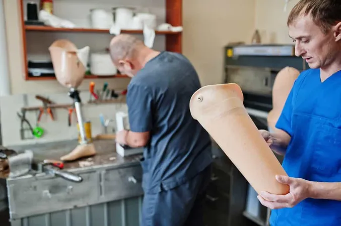 Two Prosthetist Man Workers Making Prosthetic Leg While Working Laboratory 1 X - Certified Prosthetic Technician study guide