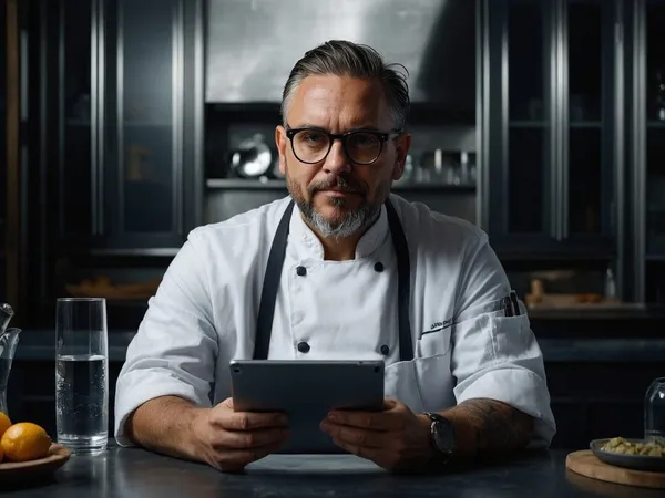 Chef Sitting With Tablet Glass Water Watchi 3 X - Certified Research Chef study guide