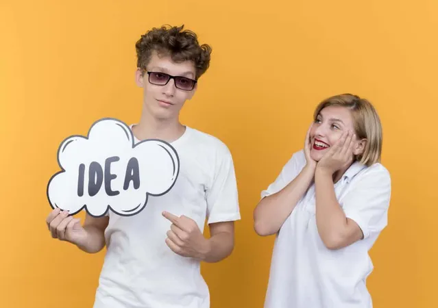 Young Couple Man Woman Standing Together Smiling Happy Positive Holding Speech Bubble Sign With Word Idea Orange Wall X - Critical Analysis and Reasoning Skills study guide