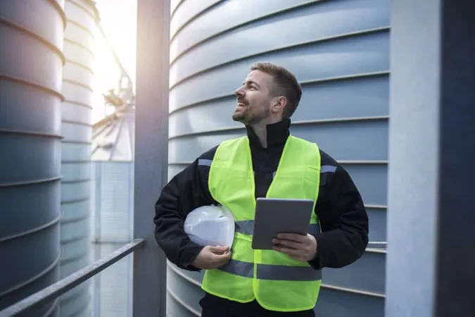 Portrait Factory Worker With Tablet Computer Standing Metal Platform Industrial Storage Tanks Looking Sideways X - Certified Safety Supervisor study guide