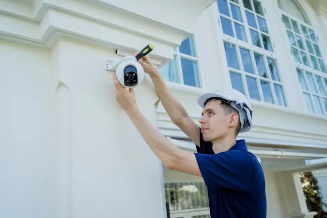 Technician Installs Cctv Camera Facade Residential Building 1 X - Certified Surveillance Technician study guide