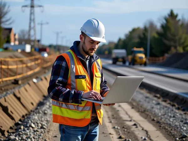 Construction Engineer Using Laptop Road Construction Site X - Certified Transportation Engineer study guide