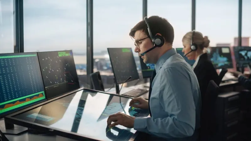 Male Air Traffic Controller With Headset Talk Call Airport Tower Office Room Is Full Desktop Computer Displays With Navigation Screens Airplane Departure Arrival Data Team X - Air Traffic Control Tower Operator Certification study guide