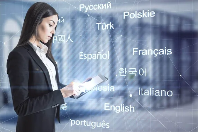 Attractive Young European Businesswoman With Tablet Standing Blurry Office Interior With Creative Languages Mesh Online Education Translation Concept Double Exposure X - Certified Translation Professional study guide