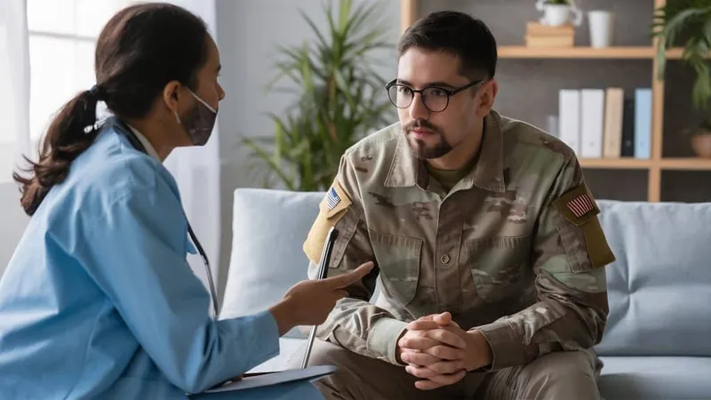 Young Veteran Talking Healthcare Worker About His Mental Health Condition Home X - Certified Veterans Advocate study guide