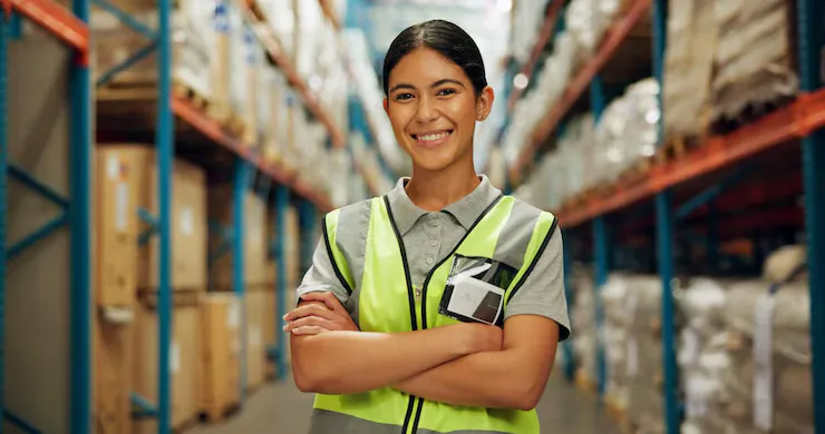 Portrait Woman Confident Warehouse Distribution Logistics Industry Package Inventory Female Person Arms Crossed Inspection Supply Chain Freight Transport Producti - Certified Warehouse and Logistics Professional study guide