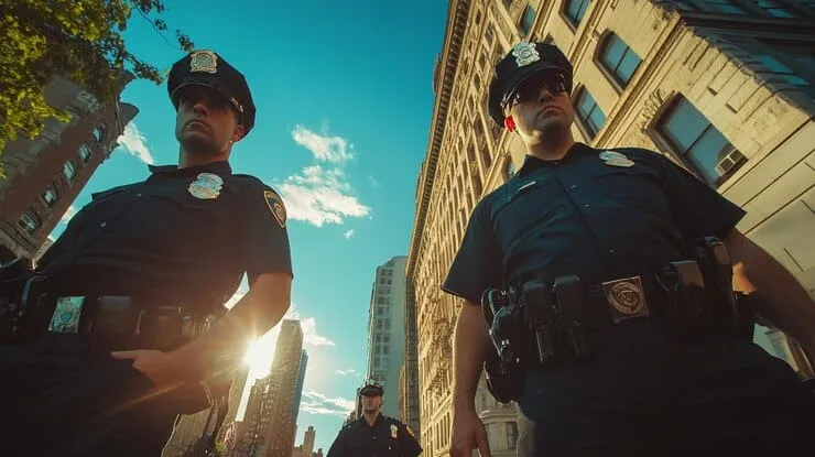 Police Officers Stand Street Front Building With Sun Shining Them - VA DCJS Law Enforcement Certification study guide